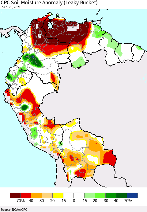 Northern South America CPC Soil Moisture Anomaly (Leaky Bucket) Thematic Map For 9/16/2021 - 9/20/2021