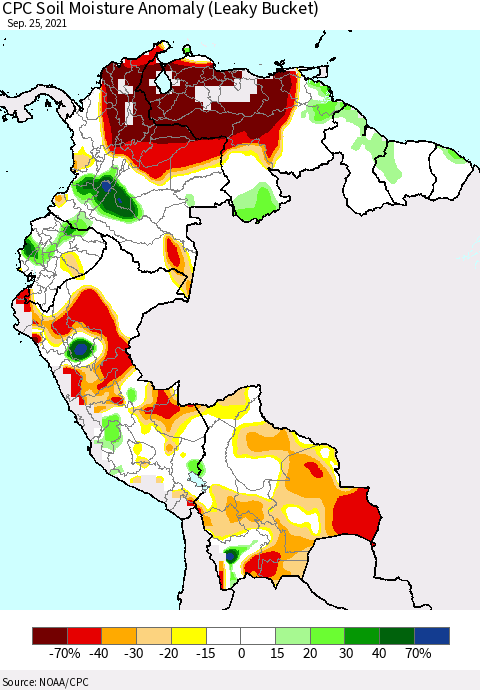 Northern South America CPC Soil Moisture Anomaly (Leaky Bucket) Thematic Map For 9/21/2021 - 9/25/2021