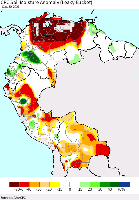 Northern South America CPC Soil Moisture Anomaly (Leaky Bucket) Thematic Map For 9/26/2021 - 9/30/2021