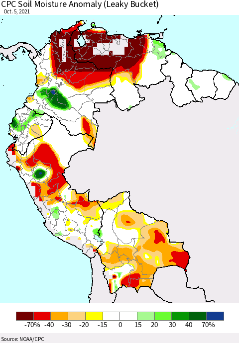 Northern South America CPC Soil Moisture Anomaly (Leaky Bucket) Thematic Map For 10/1/2021 - 10/5/2021