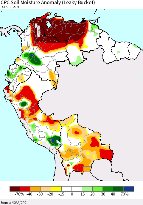 Northern South America CPC Soil Moisture Anomaly (Leaky Bucket) Thematic Map For 10/6/2021 - 10/10/2021