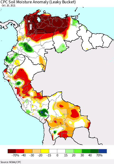 Northern South America CPC Soil Moisture Anomaly (Leaky Bucket) Thematic Map For 10/16/2021 - 10/20/2021