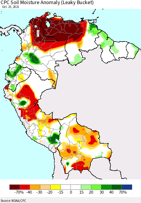 Northern South America CPC Soil Moisture Anomaly (Leaky Bucket) Thematic Map For 10/21/2021 - 10/25/2021