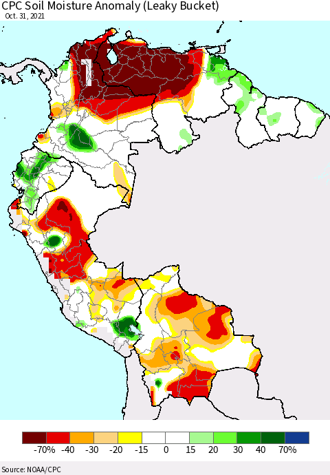 Northern South America CPC Soil Moisture Anomaly (Leaky Bucket) Thematic Map For 10/26/2021 - 10/31/2021