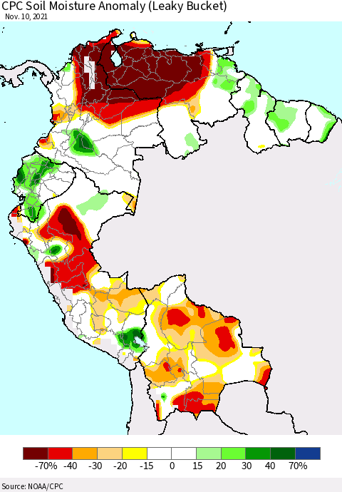 Northern South America CPC Soil Moisture Anomaly (Leaky Bucket) Thematic Map For 11/6/2021 - 11/10/2021