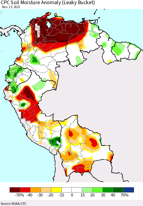 Northern South America CPC Soil Moisture Anomaly (Leaky Bucket) Thematic Map For 11/11/2021 - 11/15/2021