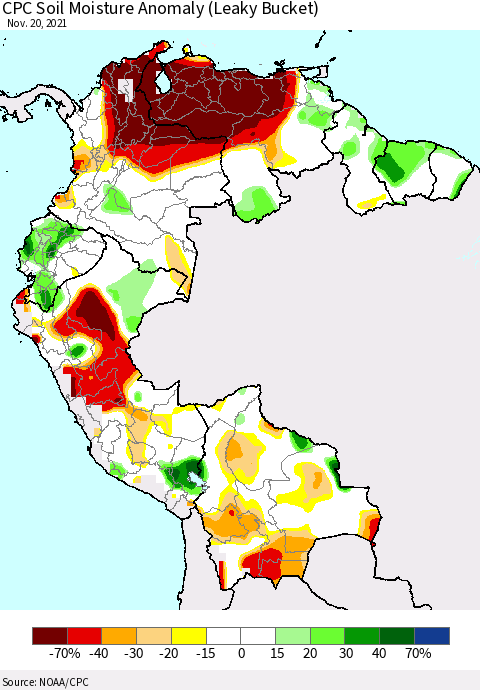 Northern South America CPC Soil Moisture Anomaly (Leaky Bucket) Thematic Map For 11/16/2021 - 11/20/2021