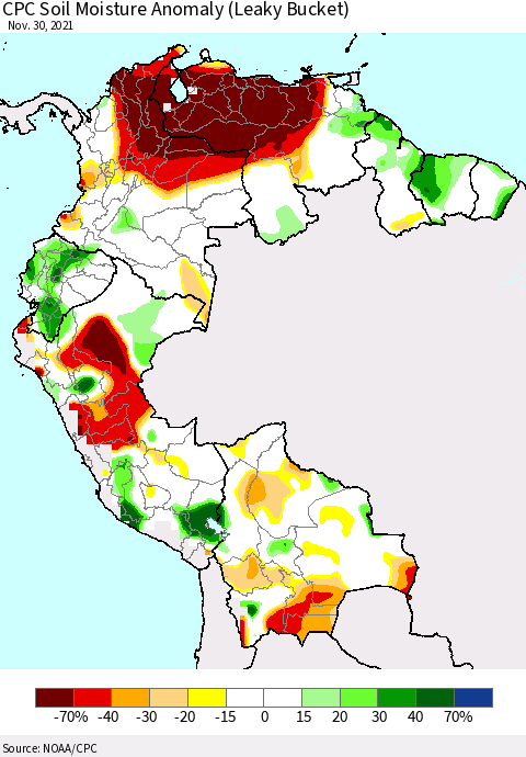 Northern South America CPC Soil Moisture Anomaly (Leaky Bucket) Thematic Map For 11/26/2021 - 11/30/2021