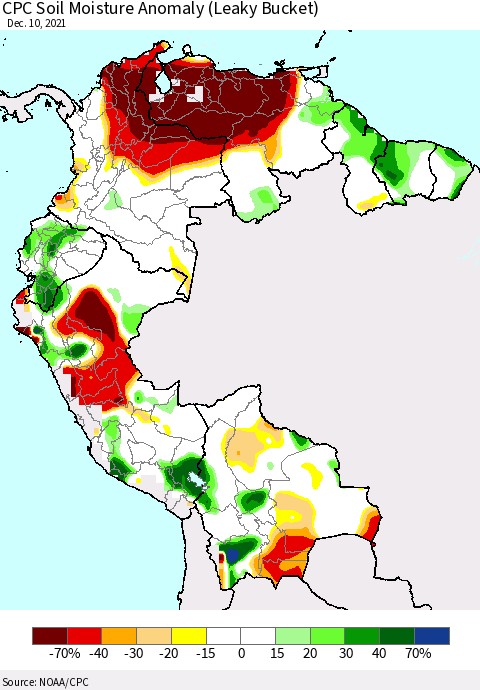 Northern South America CPC Soil Moisture Anomaly (Leaky Bucket) Thematic Map For 12/6/2021 - 12/10/2021