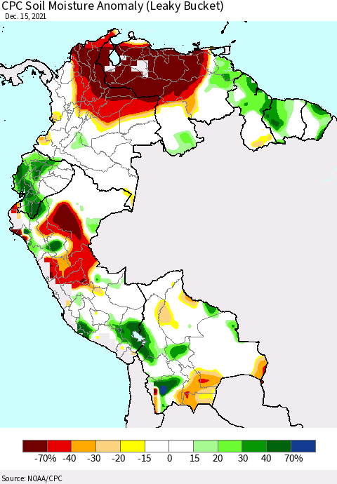 Northern South America CPC Soil Moisture Anomaly (Leaky Bucket) Thematic Map For 12/11/2021 - 12/15/2021