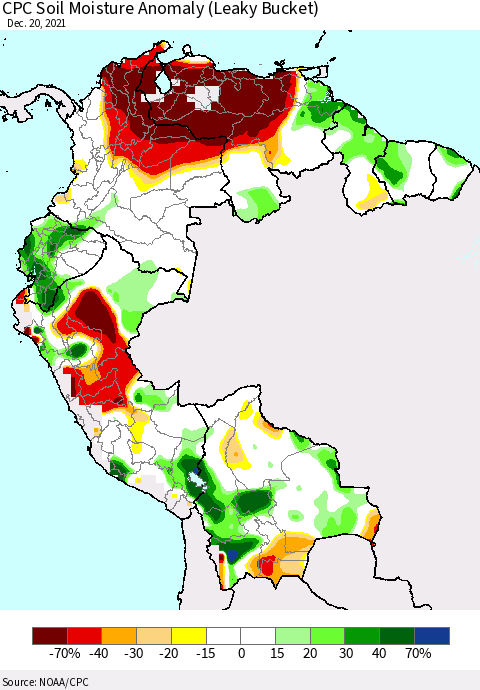 Northern South America CPC Soil Moisture Anomaly (Leaky Bucket) Thematic Map For 12/16/2021 - 12/20/2021