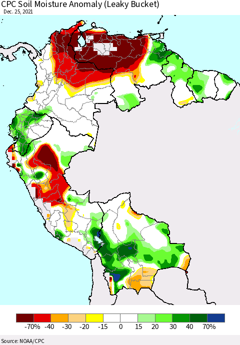 Northern South America CPC Soil Moisture Anomaly (Leaky Bucket) Thematic Map For 12/21/2021 - 12/25/2021