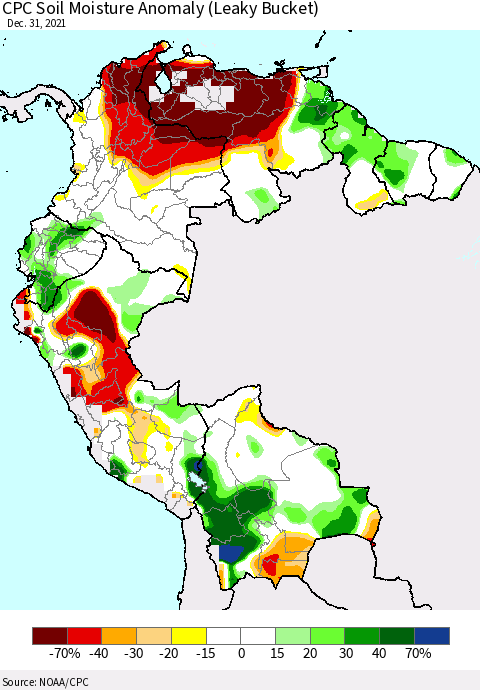 Northern South America CPC Soil Moisture Anomaly (Leaky Bucket) Thematic Map For 12/26/2021 - 12/31/2021