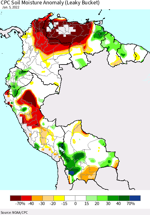 Northern South America CPC Soil Moisture Anomaly (Leaky Bucket) Thematic Map For 1/1/2022 - 1/5/2022