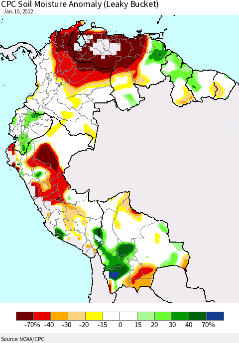 Northern South America CPC Soil Moisture Anomaly (Leaky Bucket) Thematic Map For 1/6/2022 - 1/10/2022
