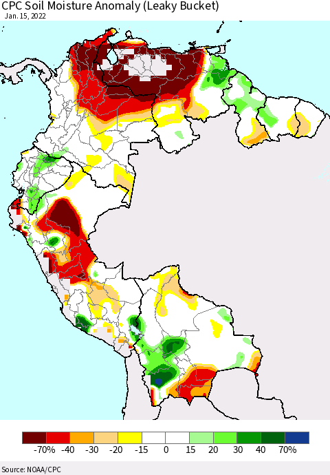 Northern South America CPC Soil Moisture Anomaly (Leaky Bucket) Thematic Map For 1/11/2022 - 1/15/2022