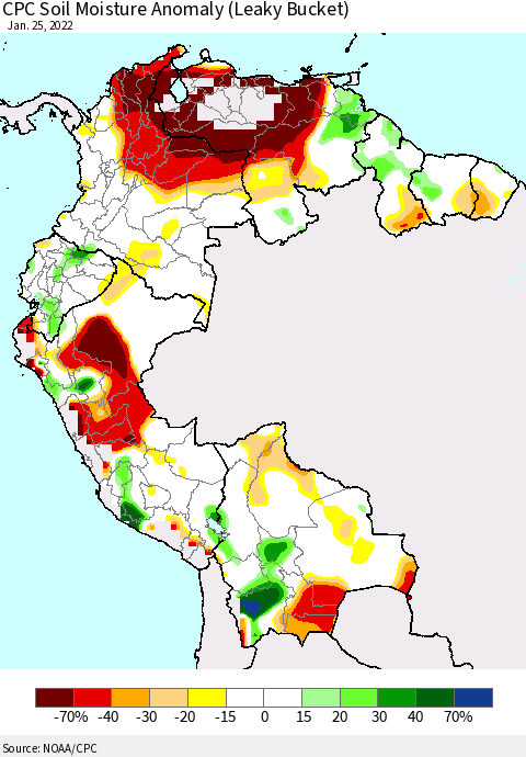 Northern South America CPC Soil Moisture Anomaly (Leaky Bucket) Thematic Map For 1/21/2022 - 1/25/2022