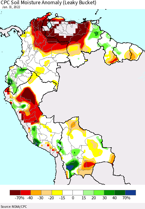 Northern South America CPC Soil Moisture Anomaly (Leaky Bucket) Thematic Map For 1/26/2022 - 1/31/2022