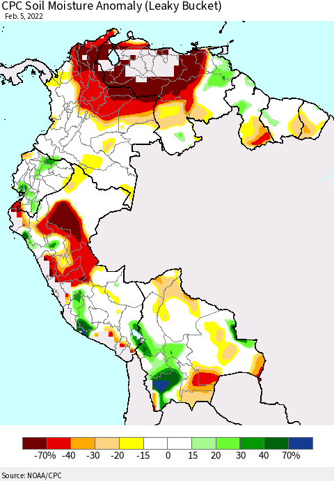 Northern South America CPC Soil Moisture Anomaly (Leaky Bucket) Thematic Map For 2/1/2022 - 2/5/2022