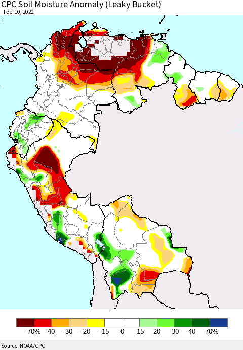 Northern South America CPC Soil Moisture Anomaly (Leaky Bucket) Thematic Map For 2/6/2022 - 2/10/2022