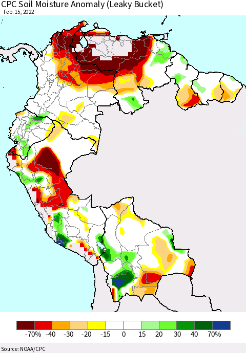 Northern South America CPC Soil Moisture Anomaly (Leaky Bucket) Thematic Map For 2/11/2022 - 2/15/2022