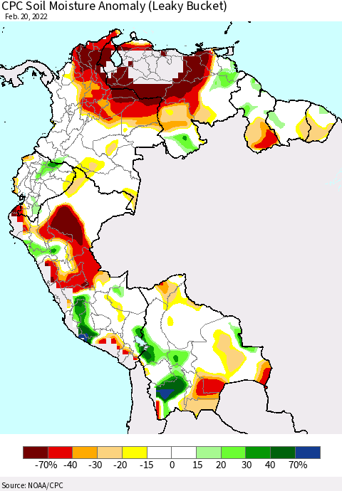 Northern South America CPC Soil Moisture Anomaly (Leaky Bucket) Thematic Map For 2/16/2022 - 2/20/2022