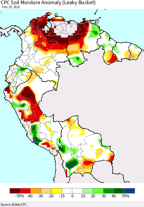Northern South America CPC Soil Moisture Anomaly (Leaky Bucket) Thematic Map For 2/21/2022 - 2/25/2022
