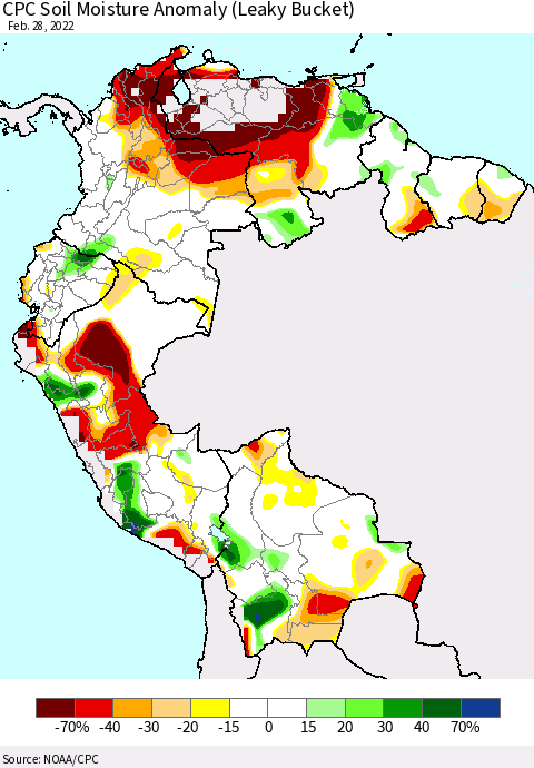 Northern South America CPC Soil Moisture Anomaly (Leaky Bucket) Thematic Map For 2/26/2022 - 2/28/2022