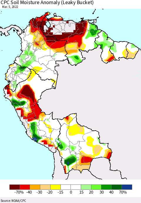 Northern South America CPC Soil Moisture Anomaly (Leaky Bucket) Thematic Map For 3/1/2022 - 3/5/2022