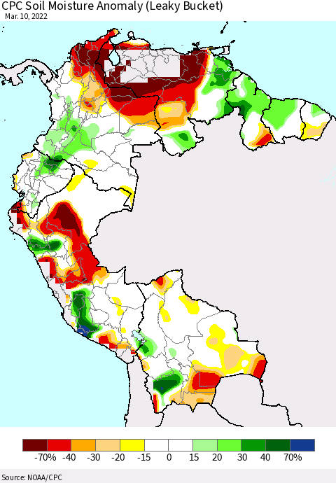 Northern South America CPC Soil Moisture Anomaly (Leaky Bucket) Thematic Map For 3/6/2022 - 3/10/2022