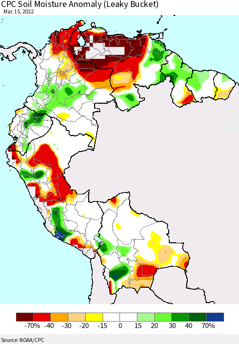 Northern South America CPC Soil Moisture Anomaly (Leaky Bucket) Thematic Map For 3/11/2022 - 3/15/2022