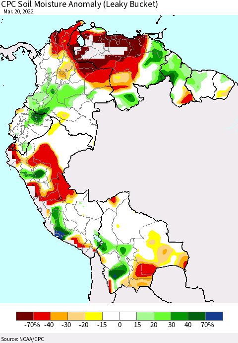 Northern South America CPC Soil Moisture Anomaly (Leaky Bucket) Thematic Map For 3/16/2022 - 3/20/2022