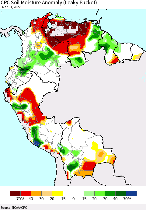 Northern South America CPC Soil Moisture Anomaly (Leaky Bucket) Thematic Map For 3/26/2022 - 3/31/2022