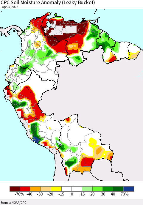 Northern South America CPC Soil Moisture Anomaly (Leaky Bucket) Thematic Map For 4/1/2022 - 4/5/2022