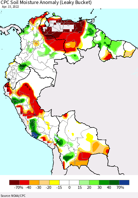 Northern South America CPC Soil Moisture Anomaly (Leaky Bucket) Thematic Map For 4/11/2022 - 4/15/2022