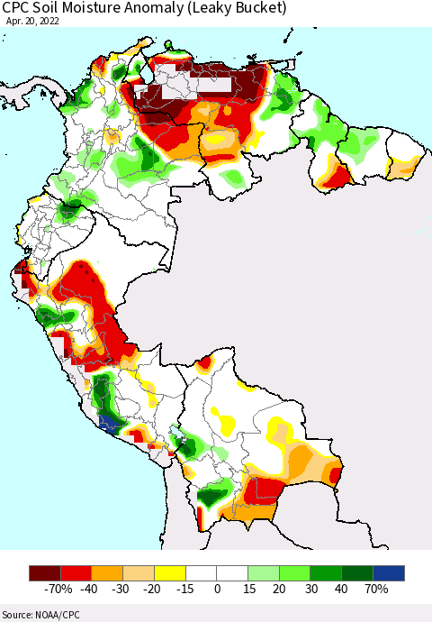 Northern South America CPC Soil Moisture Anomaly (Leaky Bucket) Thematic Map For 4/16/2022 - 4/20/2022