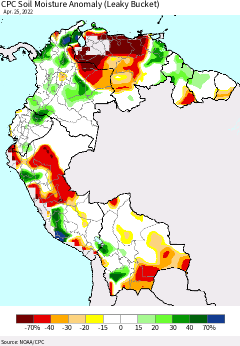 Northern South America CPC Soil Moisture Anomaly (Leaky Bucket) Thematic Map For 4/21/2022 - 4/25/2022