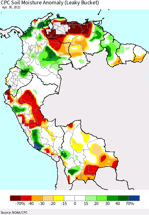 Northern South America CPC Soil Moisture Anomaly (Leaky Bucket) Thematic Map For 4/26/2022 - 4/30/2022