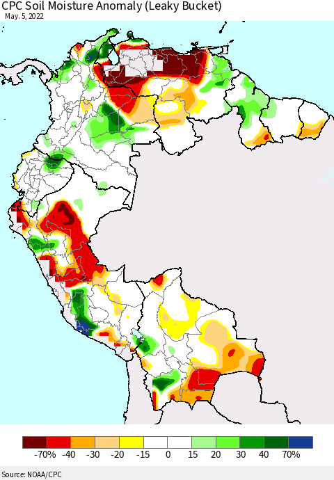 Northern South America CPC Soil Moisture Anomaly (Leaky Bucket) Thematic Map For 5/1/2022 - 5/5/2022
