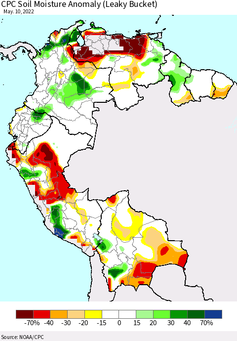 Northern South America CPC Soil Moisture Anomaly (Leaky Bucket) Thematic Map For 5/6/2022 - 5/10/2022