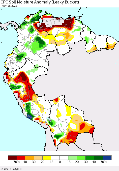Northern South America CPC Soil Moisture Anomaly (Leaky Bucket) Thematic Map For 5/11/2022 - 5/15/2022