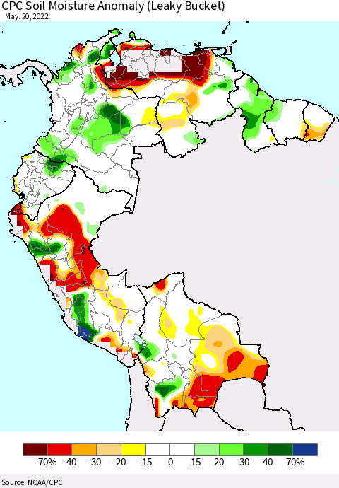 Northern South America CPC Soil Moisture Anomaly (Leaky Bucket) Thematic Map For 5/16/2022 - 5/20/2022