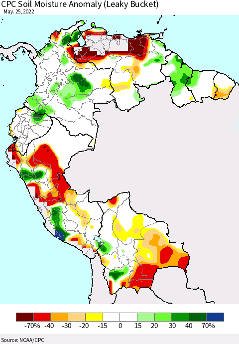 Northern South America CPC Soil Moisture Anomaly (Leaky Bucket) Thematic Map For 5/21/2022 - 5/25/2022