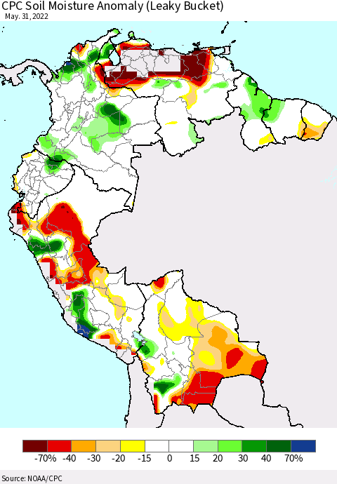 Northern South America CPC Soil Moisture Anomaly (Leaky Bucket) Thematic Map For 5/26/2022 - 5/31/2022