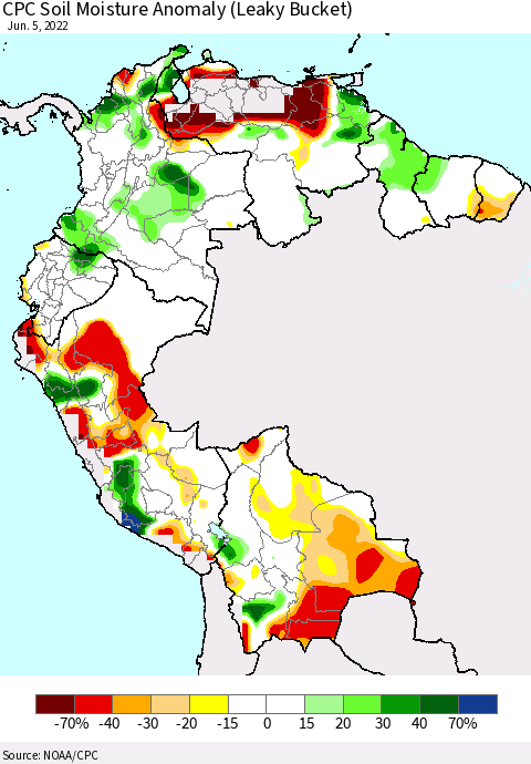 Northern South America CPC Soil Moisture Anomaly (Leaky Bucket) Thematic Map For 6/1/2022 - 6/5/2022