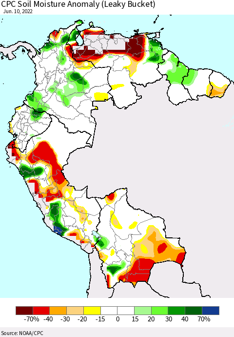 Northern South America CPC Soil Moisture Anomaly (Leaky Bucket) Thematic Map For 6/6/2022 - 6/10/2022
