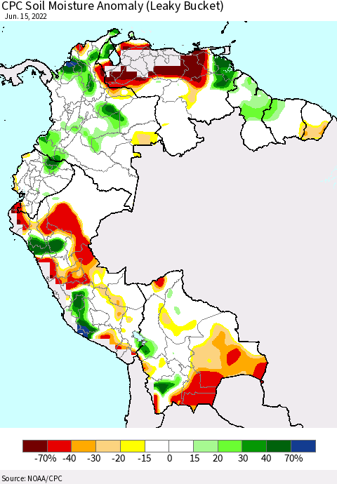 Northern South America CPC Soil Moisture Anomaly (Leaky Bucket) Thematic Map For 6/11/2022 - 6/15/2022