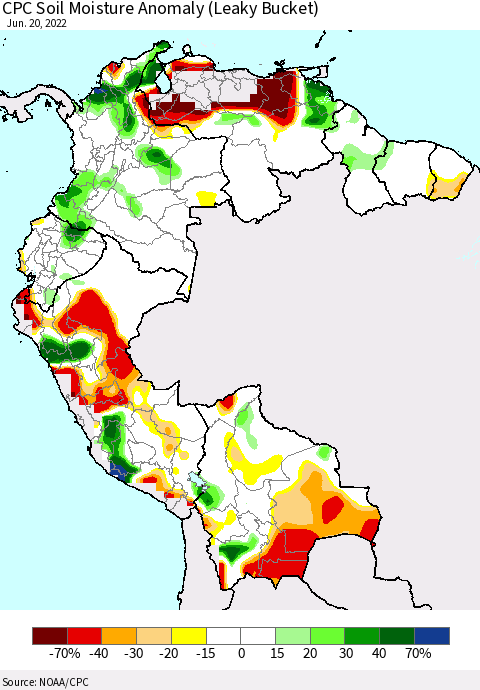 Northern South America CPC Soil Moisture Anomaly (Leaky Bucket) Thematic Map For 6/16/2022 - 6/20/2022