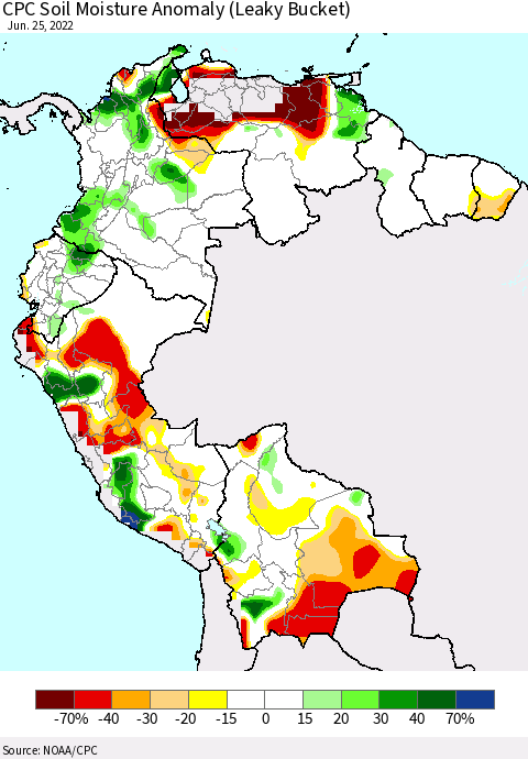 Northern South America CPC Soil Moisture Anomaly (Leaky Bucket) Thematic Map For 6/21/2022 - 6/25/2022
