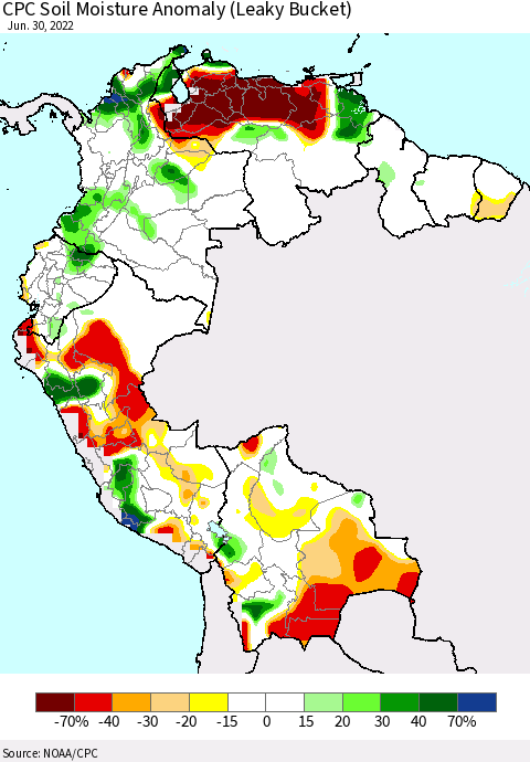 Northern South America CPC Soil Moisture Anomaly (Leaky Bucket) Thematic Map For 6/26/2022 - 6/30/2022